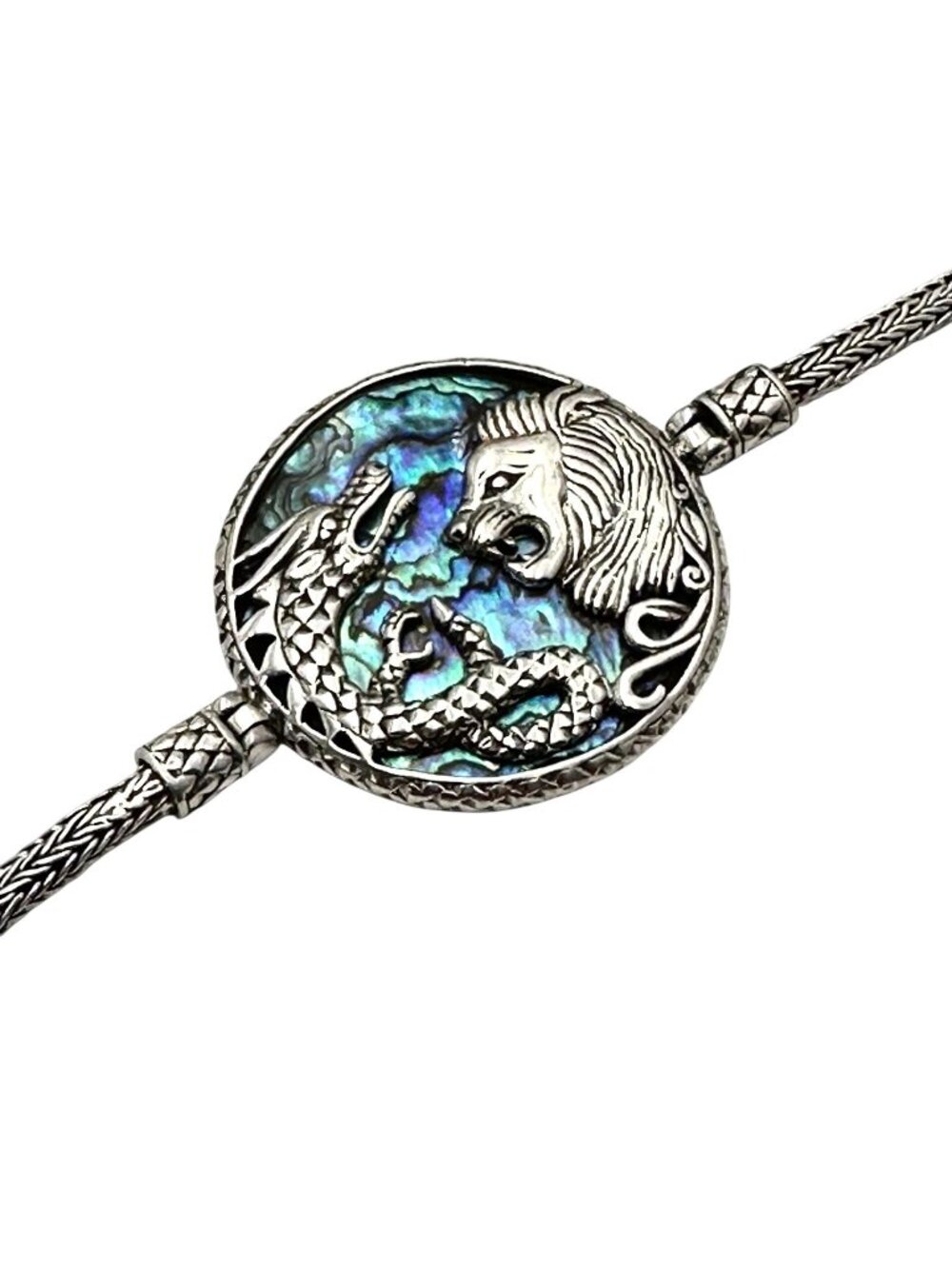 Sterling Silver Dragon Lion Bracelet Abalone Mother of Pearl 8 Inch